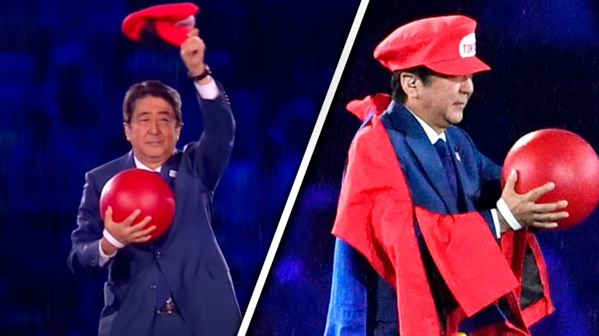 Shinzo Abe y la vez que se transformó en Mario para las Olimpiadas